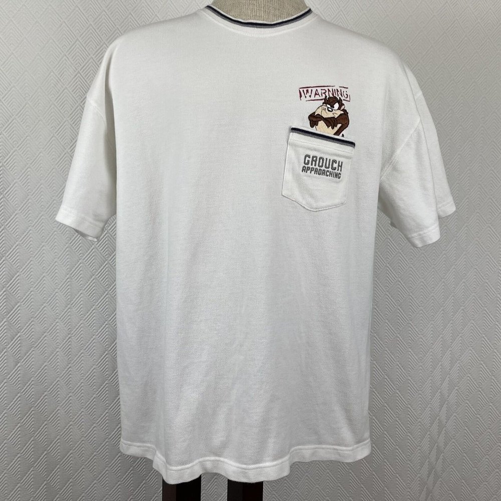 Warner Bros Mens Shirt Taz Tasmanian Devil Grouch Approaching White Vtg Large